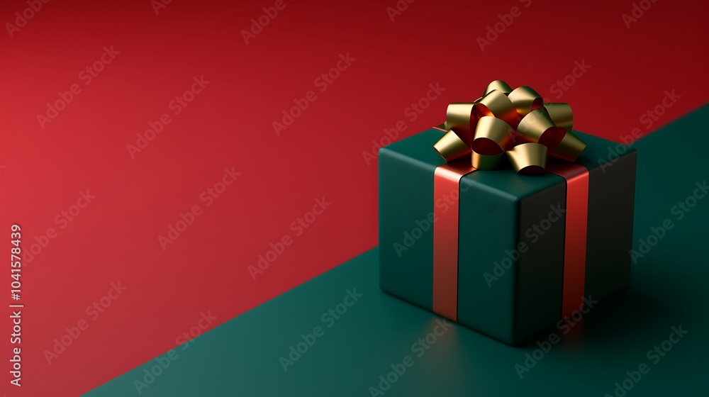 Obraz premium 3D Festive Green Gift with Gold Bow on Colorful Background