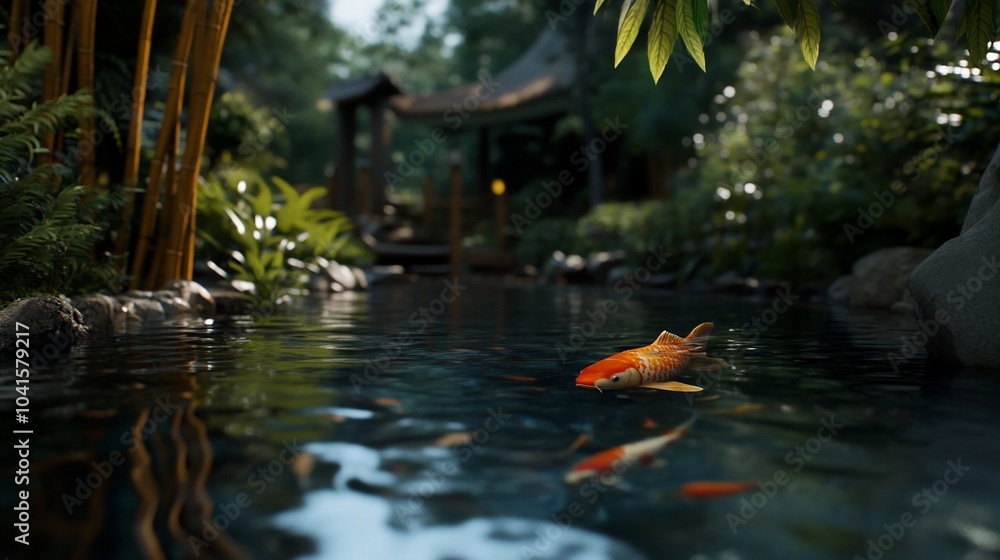 A tranquil koi pond with a traditional Japanese house in the background. A tranquil koi pond with a traditional Japanese house in the background.