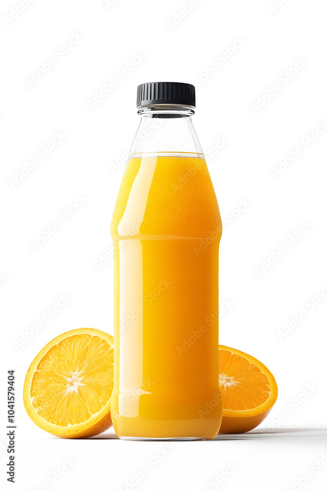 Glass bottle of fresh healthy orange juice mock up isolated on white background Glass bottle of fresh healthy orange juice mock up isolated on white background