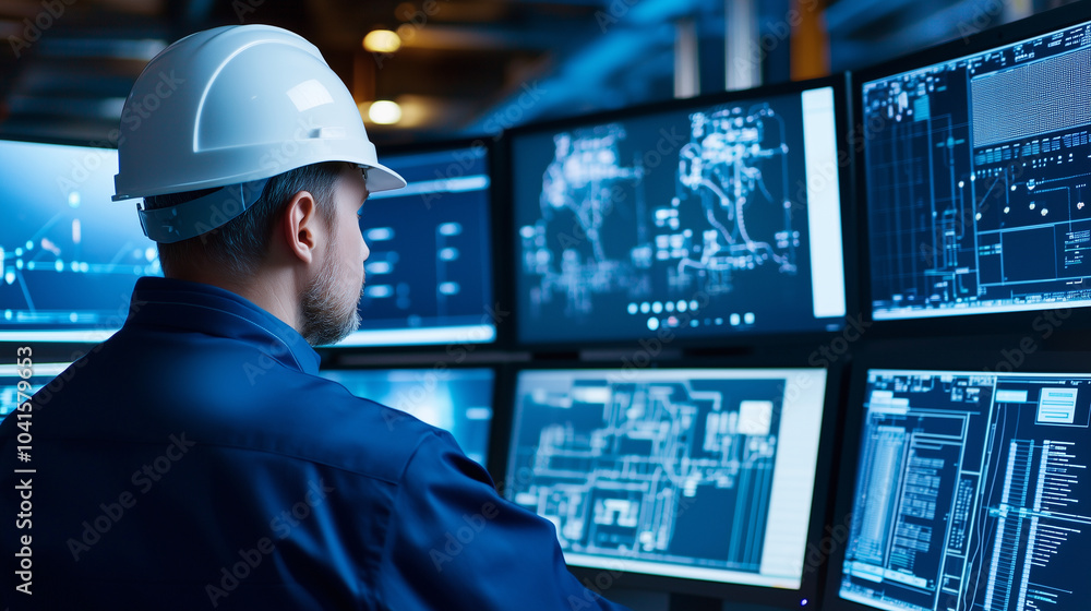 Industrial Engineer Monitoring SCADA System in Control Room Industrial Engineer Monitoring SCADA System in Control Room