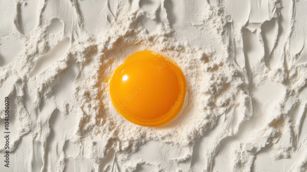 A vibrant egg yolk sits atop a textured backdrop of flour, highlighting the contrast between the bright yellow and the pale surface. A vibrant egg yolk sits atop a textured backdrop of flour, highlighting the contrast between the bright yellow and the pale surface.
