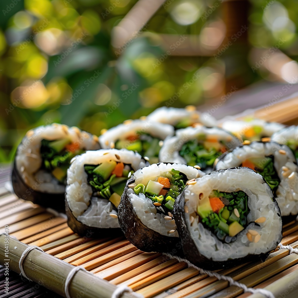 World Vegan Day, November 1 Assorted Vegan Sushi Rolls on a Bamboo Mat with a Zen Garden Backdrop World Vegan Day, November 1 Assorted Vegan Sushi Rolls on a Bamboo Mat with a Zen Garden Backdrop