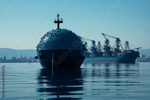 Military sea mines in the sea, MINE FENCE, anti-ship mines. Concept: war in Ukraine, mine barrages, danger in water, 3d rendering. photo