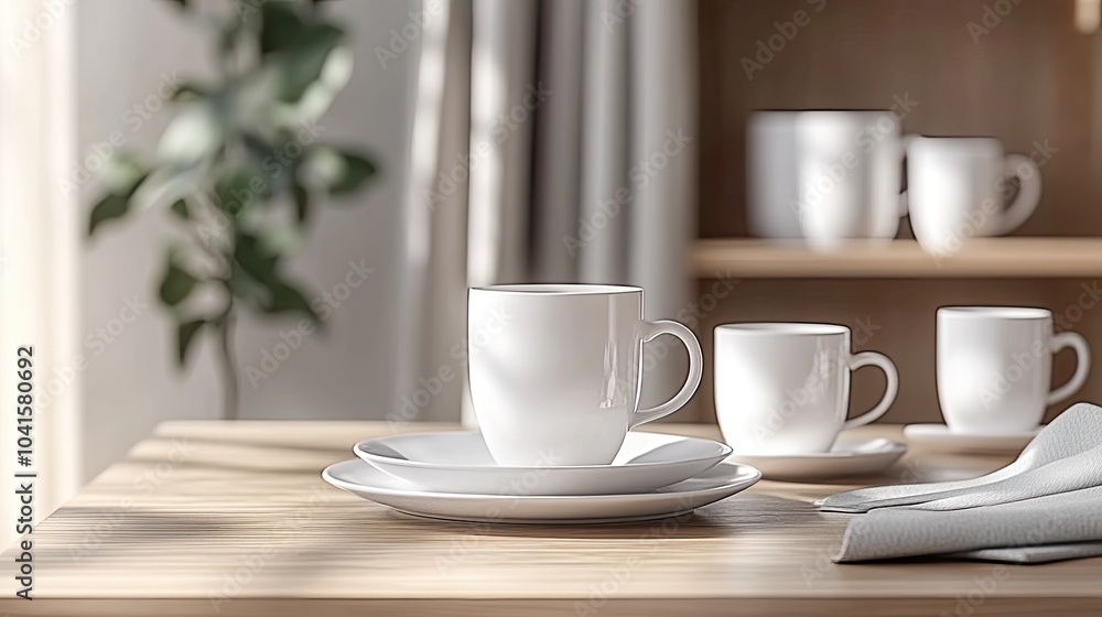 A beautifully arranged white porcelain tea set rests on a textured surface, adorned with delicate eucalyptus branches for an elegant touch A beautifully arranged white porcelain tea set rests on a textured surface, adorned with delicate eucalyptus branches for an elegant touch