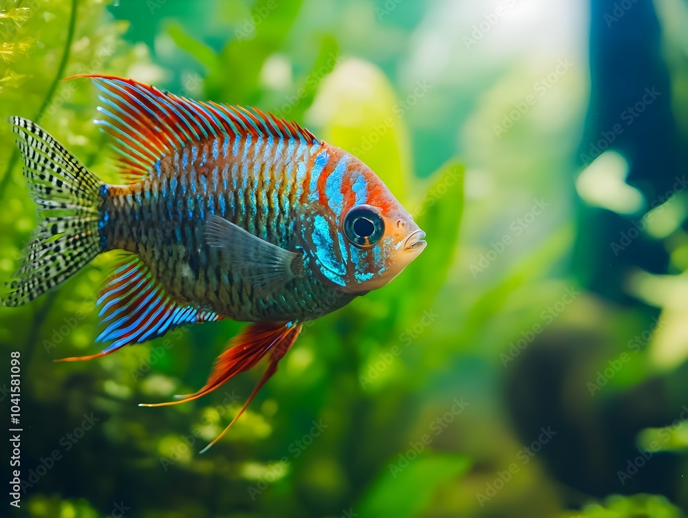 Φωτογραφία Vibrant Dwarf Gourami Exploring Lush Aquarium Showcase of Ornamental Fish Captiv
