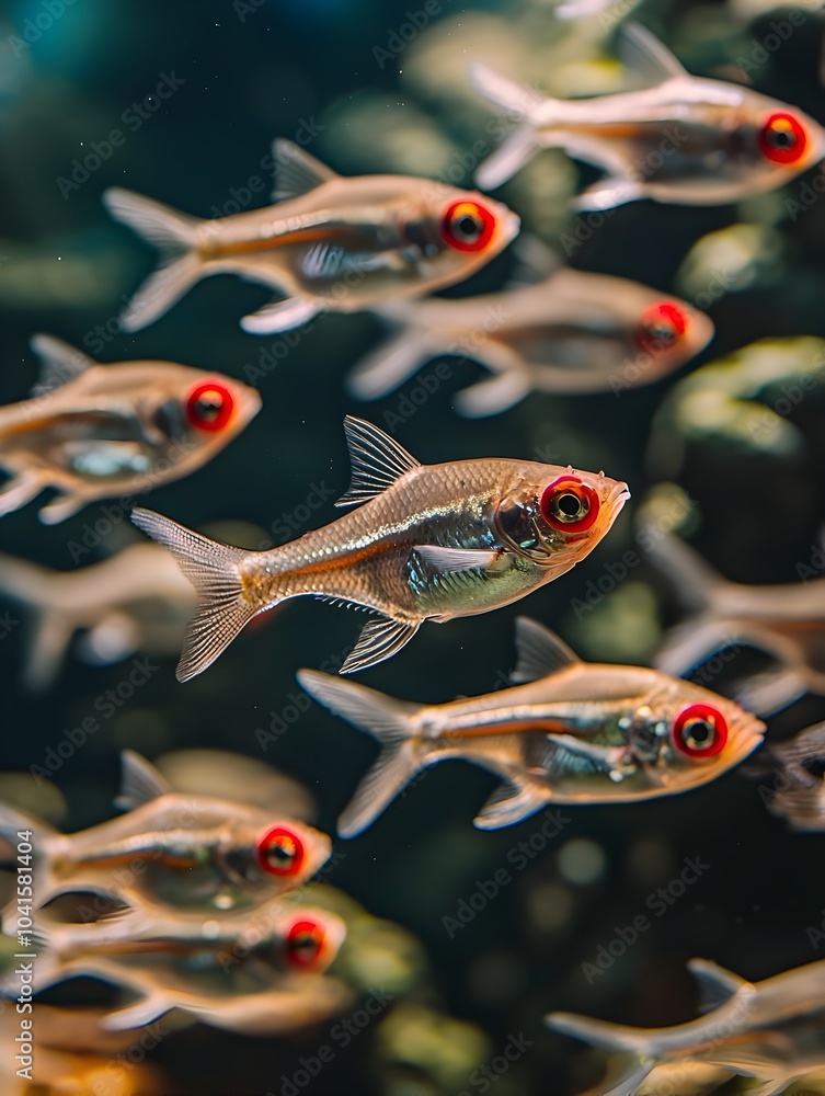 Fototapeta premium Shimmering School of Rummy Nose Tetras Showcasing Underwater Harmony and Unity