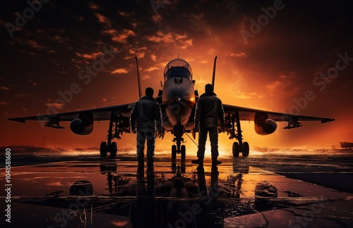 Fighter pilot and supersonic jet on military airbase during sunset