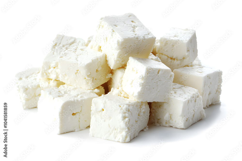 Feta cheese cut in cubes, isolated on white background Feta cheese cut in cubes, isolated on white background
