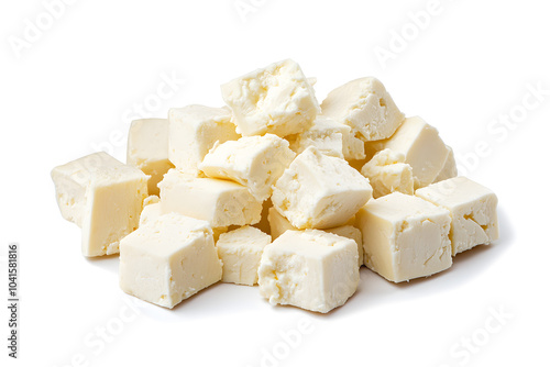 Feta cheese cut in cubes, isolated on white background