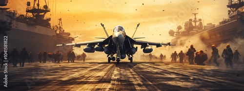 Fighter pilot and supersonic jet on military airbase during sunset
