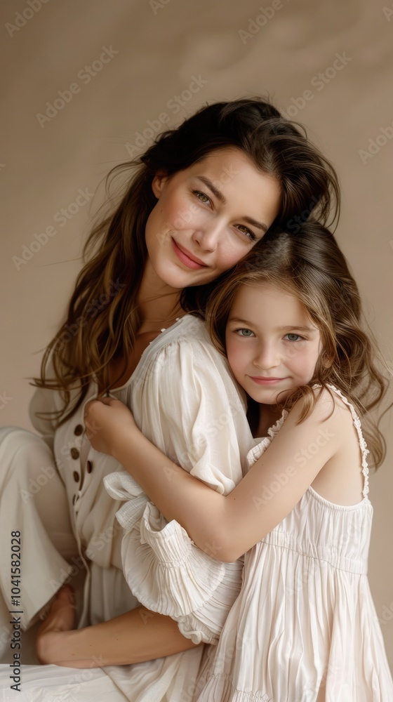 Mother and daughter together smiling on solid minimalism background Mother and daughter together smiling on solid minimalism background