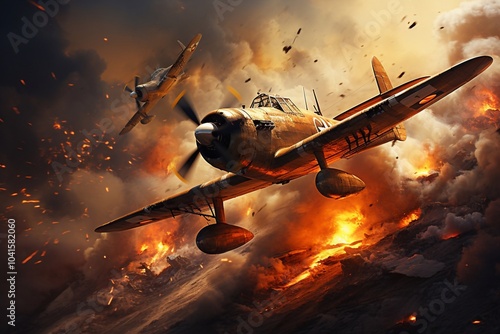 World war ii fighter plane at sunset or dark orange fire explosion sky. War scene. German figher at sky. Selective focus