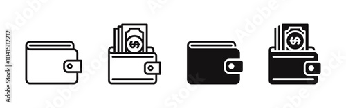 Wallet icons set. Sign for mobile concept and web design. Filled and outlined style. Vector illustration.