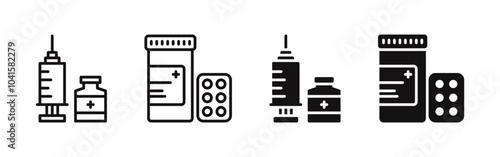 Pharmaceutical dosage icons set. Pills, medical drugs, syringe, vaccination, antibiotic. Vector illustration.