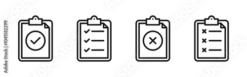 Clipboard icons set. Checkmarks, quality check, check list, todo plan with tasks, checkbox form and survey. Vector illustration.