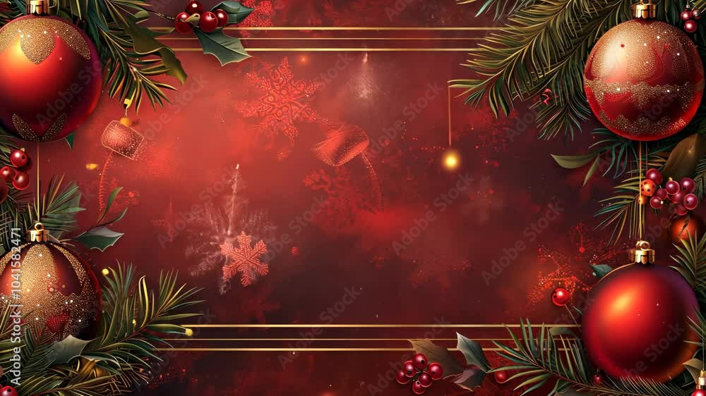 Red and gold Christmas ornaments hang from pine branches against a red background with snowflakes