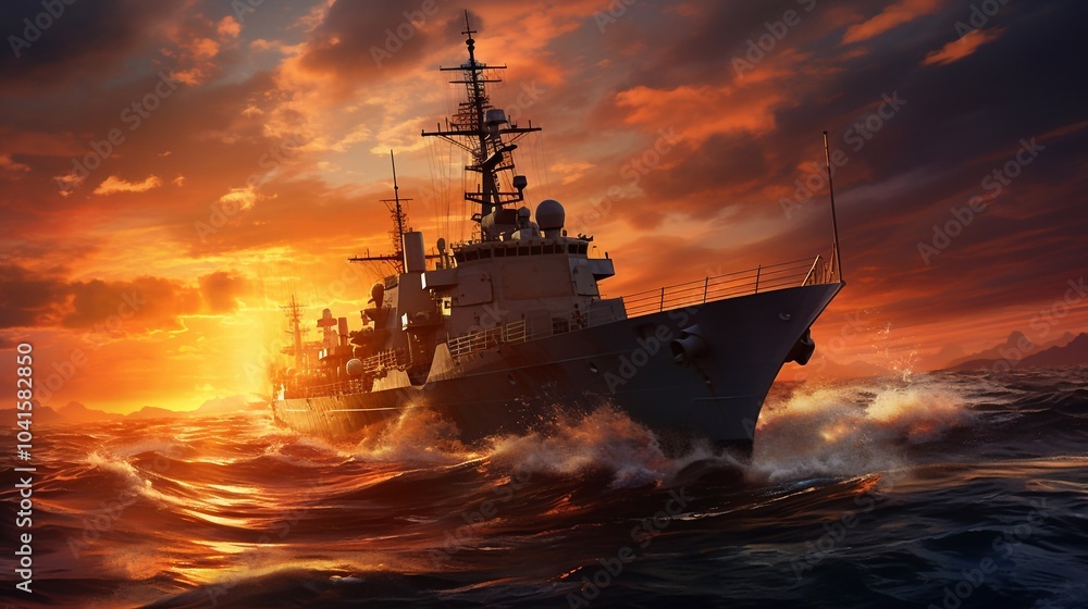 Fototapeta premium The military ship on sea at sunrise.