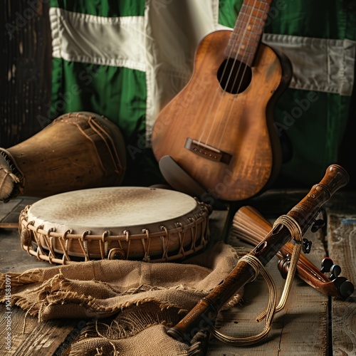 Traditional Irish Music Instruments Including a Tin Whistle and Bodhrán photo