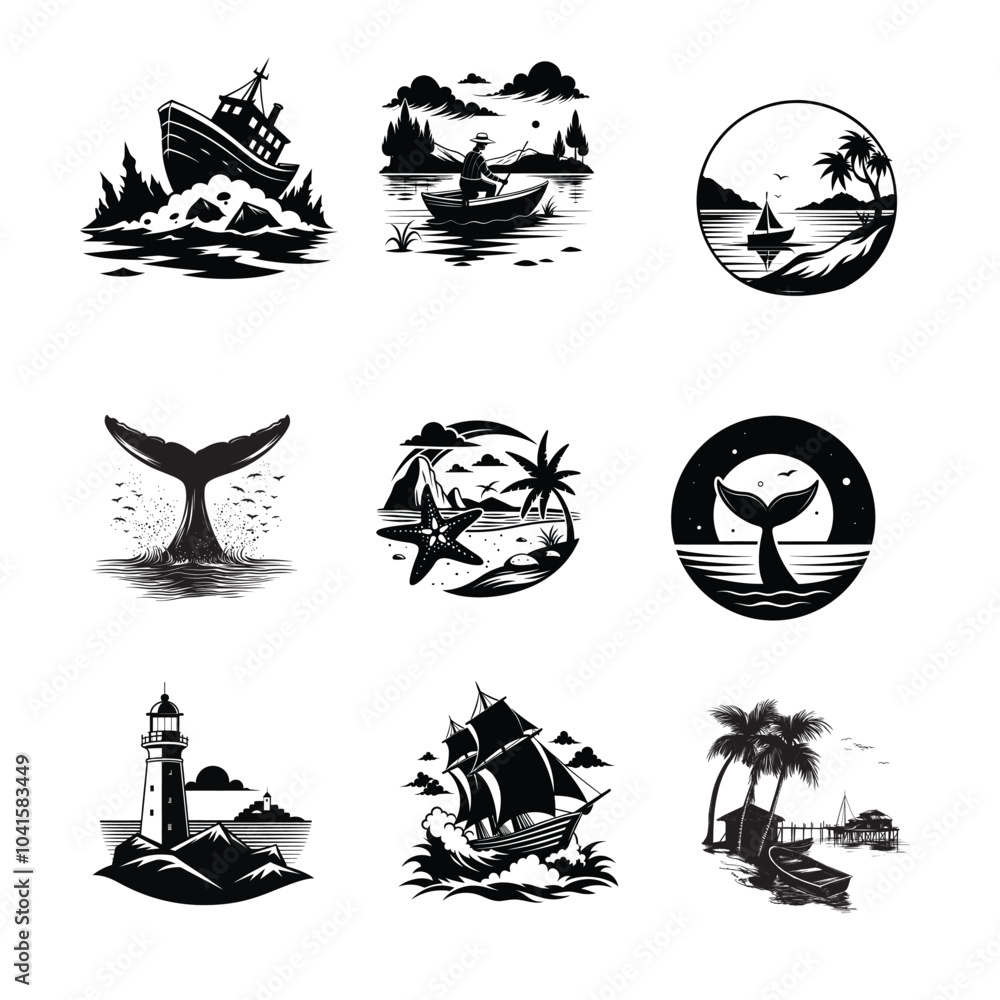 Set of Sea Scene And Landscape silhouettes Design - Sea Scene vector illustration in black and white Set of Sea Scene And Landscape silhouettes Design - Sea Scene vector illustration in black and white