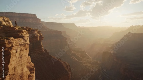 Majestic Sunset View of Grand Canyon with Lone Hiker - Cinematic Wild West Landscape Photography with Vibrant Colors and Ultra-Detailed Rock Layers Under Dramatic Light