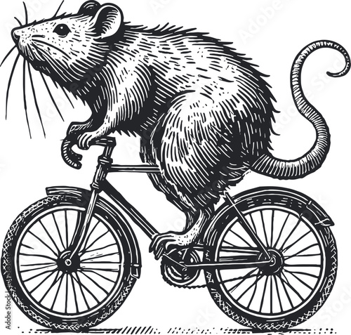rat riding a bicycle style engraving hand drawn vector