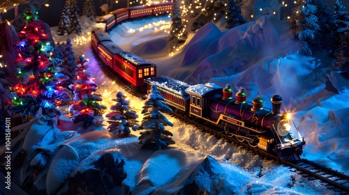 Christmas train winter holiday snowy mountain village festive night lights magical steam locomotive christmas scene photo