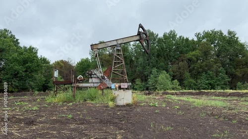 Nestled amidst the verdant fields outside oil production pump the town limits, a solitary pump jack quietly extracts the underground riches.