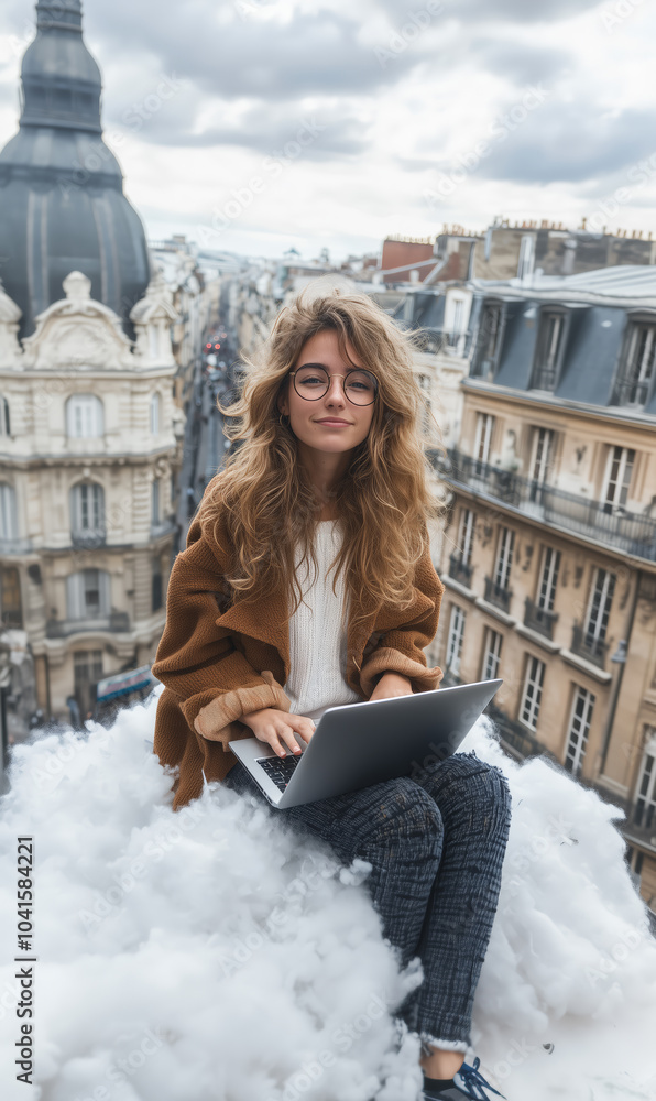 Young woman working remotely from a laptop while sitting on a cloud above a European city street, blending modern technology with whimsical imagery for the digital nomad lifestyle