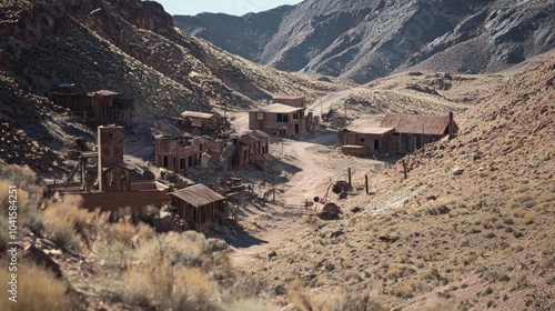 Rugged Life in the Wild West: Abandoned Mines and Equipment in a Historic Mining Town under Ultra-Detailed, Cinematic Light