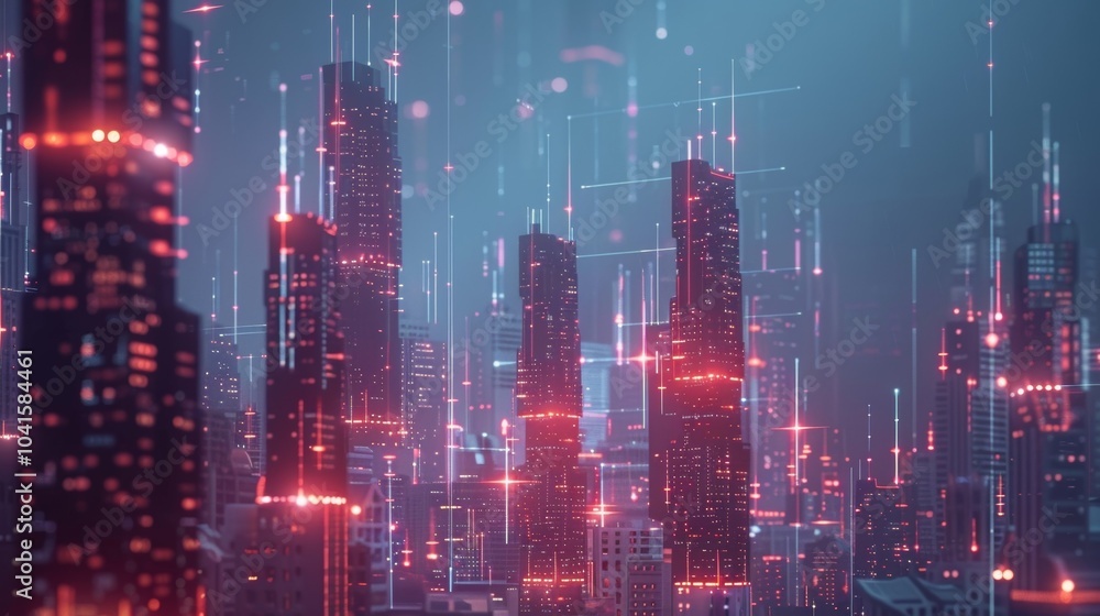 A futuristic cityscape with tall skysers adorned with glowing pulsating symbols representing the invisible neutrino signals that are constantly being transmitted and received. A futuristic cityscape with tall skysers adorned with glowing pulsating symbols representing the invisible neutrino signals that are constantly being transmitted and received.