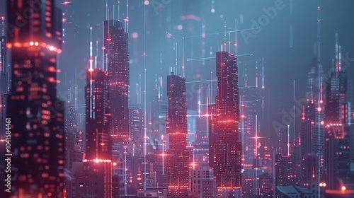 Wallpaper Mural A futuristic cityscape with tall skysers adorned with glowing pulsating symbols representing the invisible neutrino signals that are constantly being transmitted and received. Torontodigital.ca