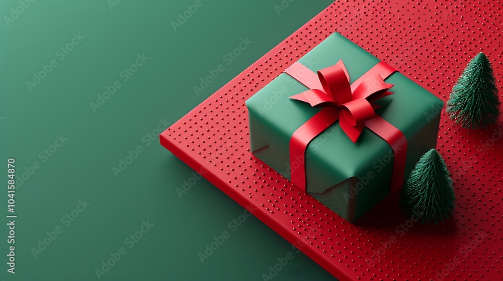 3D Green Gift Box on Red Background for Festive Theme 3D Green Gift Box on Red Background for Festive Theme