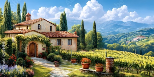 Classic Tuscan Vineyard Estate with Rolling Hills and Mediterranean Villa: Hyperrealistic 8K Digital Art photo