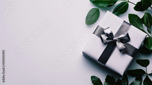 Christmas Background, Elegant white gift box with a silver ribbon and green leaves, white isolated background.