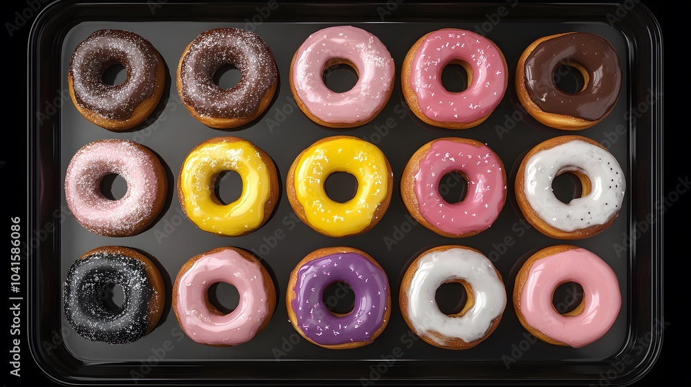 Fototapeta premium Colorful Glazed Donuts on Baking Sheet Sweet Treats Bakery Dessert Food Photography