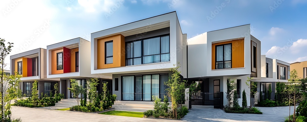 Obraz premium Modern modular private townhouses. Residential minimalist architecture exterior