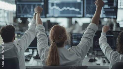 Scientists and Engineers Celebrating Rocket Liftoff in Control Room photo