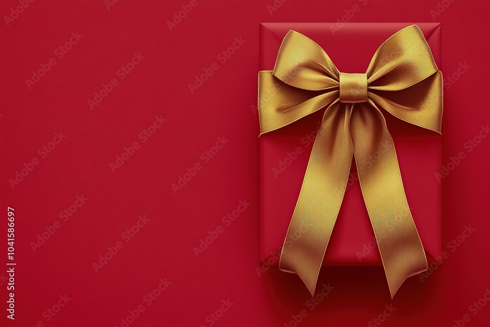Red gift box with golden ribbon on red background Red gift box with golden ribbon on red background