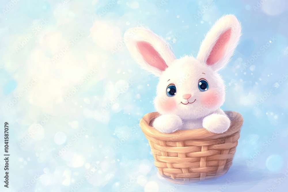 Adorable Plush Bunny in a Toy Basket: Cartoon Illustration for Children's Products Adorable Plush Bunny in a Toy Basket: Cartoon Illustration for Children's Products