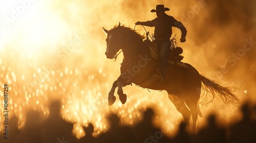 Wild West Rodeo Showdown: Cowboy Taming a Bucking Bronco with Intense Audience Energy, Cinematic Lighting