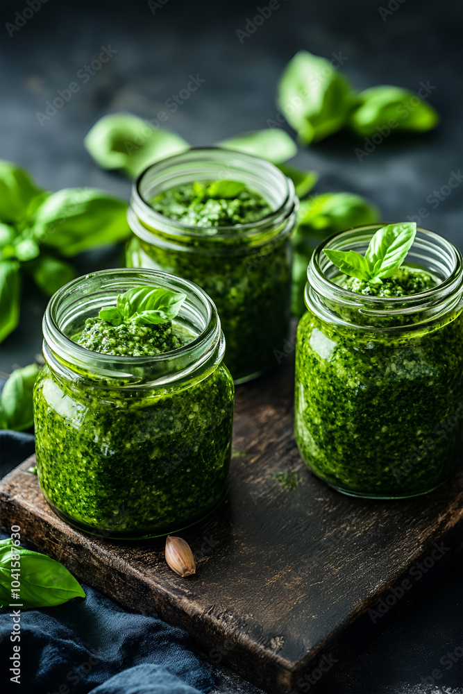 pesto sauce in a spoon, jar with pesto sauce pesto sauce in a spoon, jar with pesto sauce