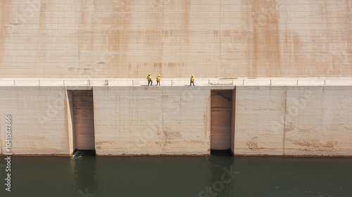 Dam Maintenance Workers During Low Water Levels photo