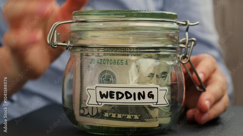 Female hands turn Glass jar full of American currency dollars cash banknote with text WEEDING. Preparation saving money. Moderate consumption and economy. Collecting money Female hands turn Glass jar full of American currency dollars cash banknote with text WEEDING. Preparation saving money. Moderate consumption and economy. Collecting money