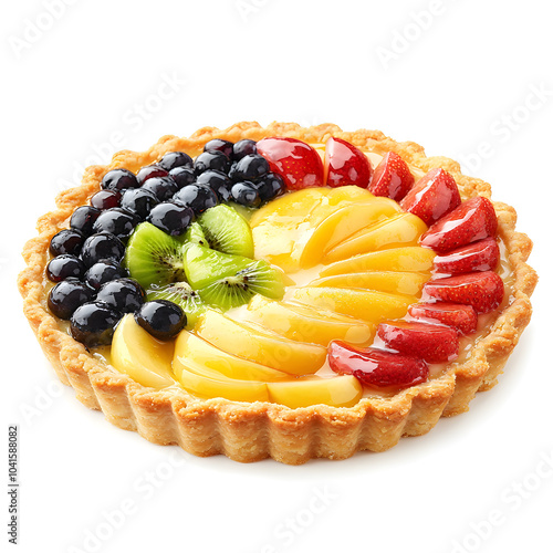 Fresh fruit tart topped with cream and fresh berries isolated on white background