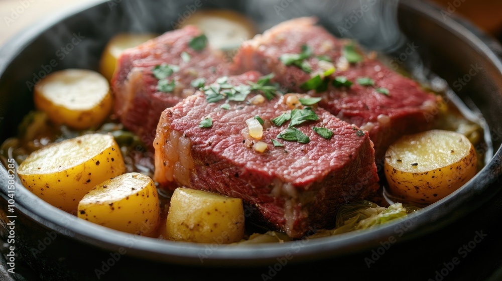 Close-up shot of corned beef and potatoes. This is a delicious meal that is perfect for a hearty and comforting dinner. Close-up shot of corned beef and potatoes. This is a delicious meal that is perfect for a hearty and comforting dinner.