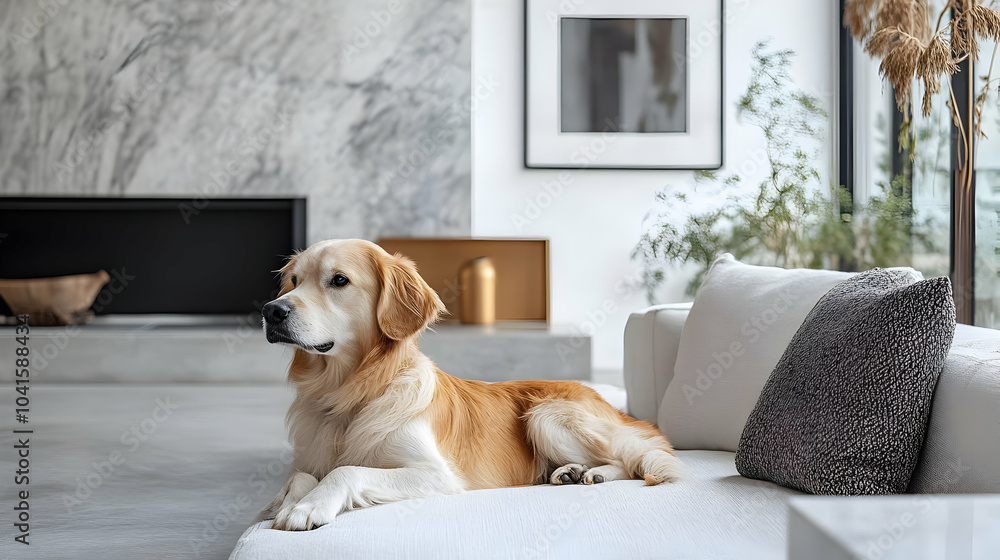 Golden Retriever Relaxing on a White Couch in a Modern Home Golden Retriever Relaxing on a White Couch in a Modern Home