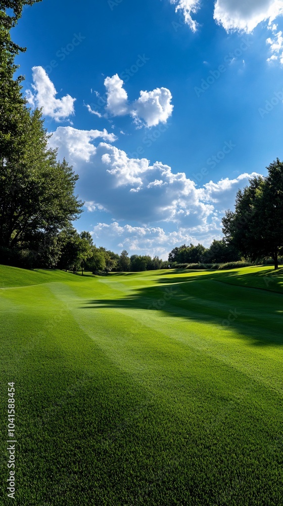 Fototapeta premium A scenic golf course with lush green grass, manicured fairways, and a backdrop of blue sky and white clouds.