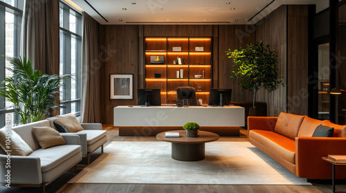 Wallpaper Mural Modern office lobby with a white desk, two couches, a coffee table, a bookcase, and a large window. Torontodigital.ca