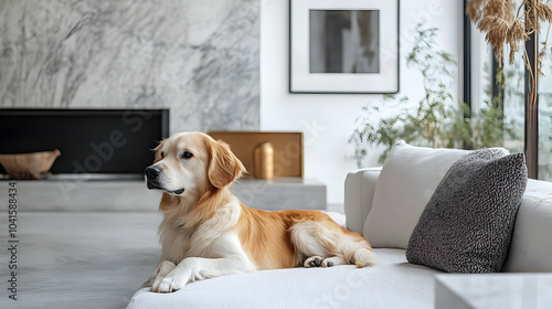 Golden Retriever Relaxing on a White Couch in a Modern Home