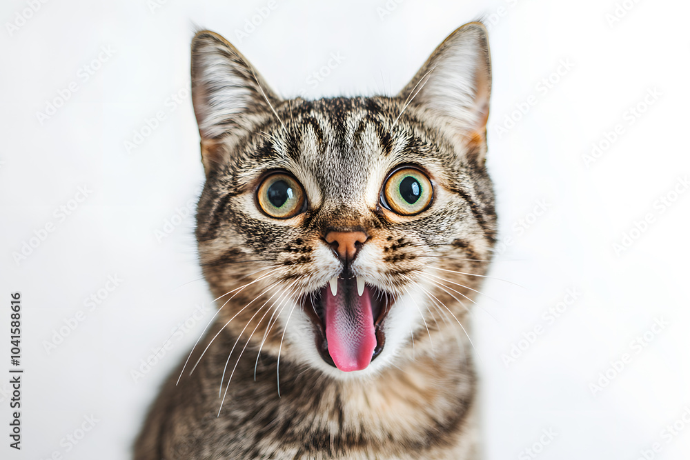 Cute portrait of shocked face cat with opened mouth isolated on white background Cute portrait of shocked face cat with opened mouth isolated on white background